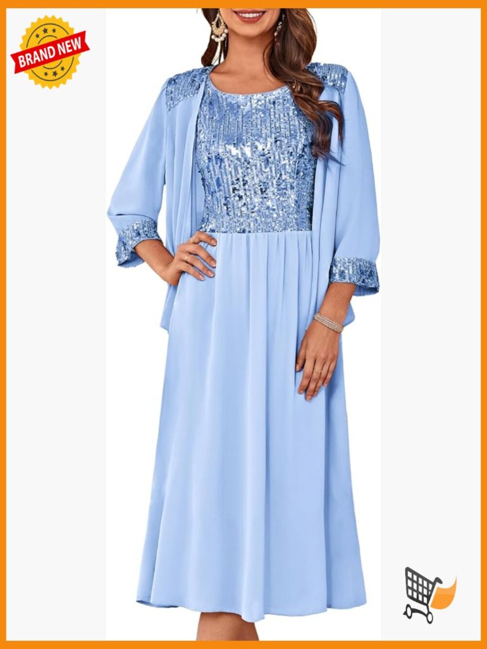 Formal Wedding Guest Dress with Jacket, Tea Length Fit & Flare, 3/4 Sleeve,